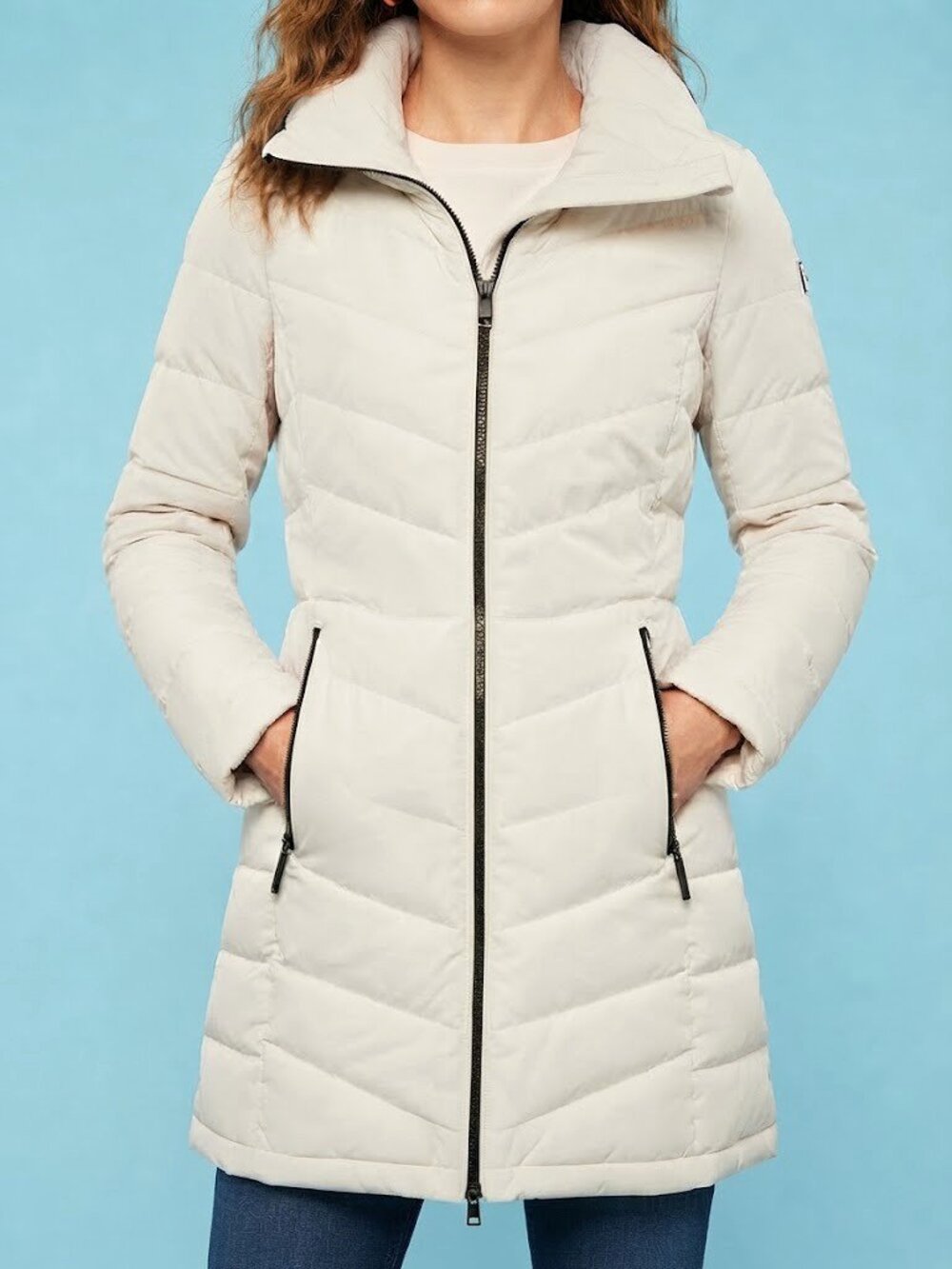 Calvin Klein Cream Long Collared Puffer Jacket